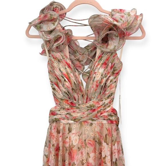 Mac Duggal NEW Ruffle Tiered Cut-Out Lace-up Chiffon‎ Floral Gown $598 - Size 4 - Picture 6 of 16